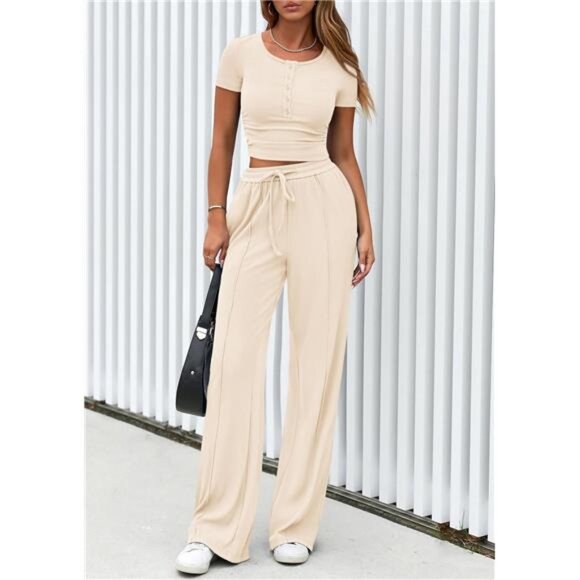 PRETTYGARDEN Womens 2 Piece Outfits Summer 2025 Ribbed Knit Button Short Sleeve - Picture 3 of 7